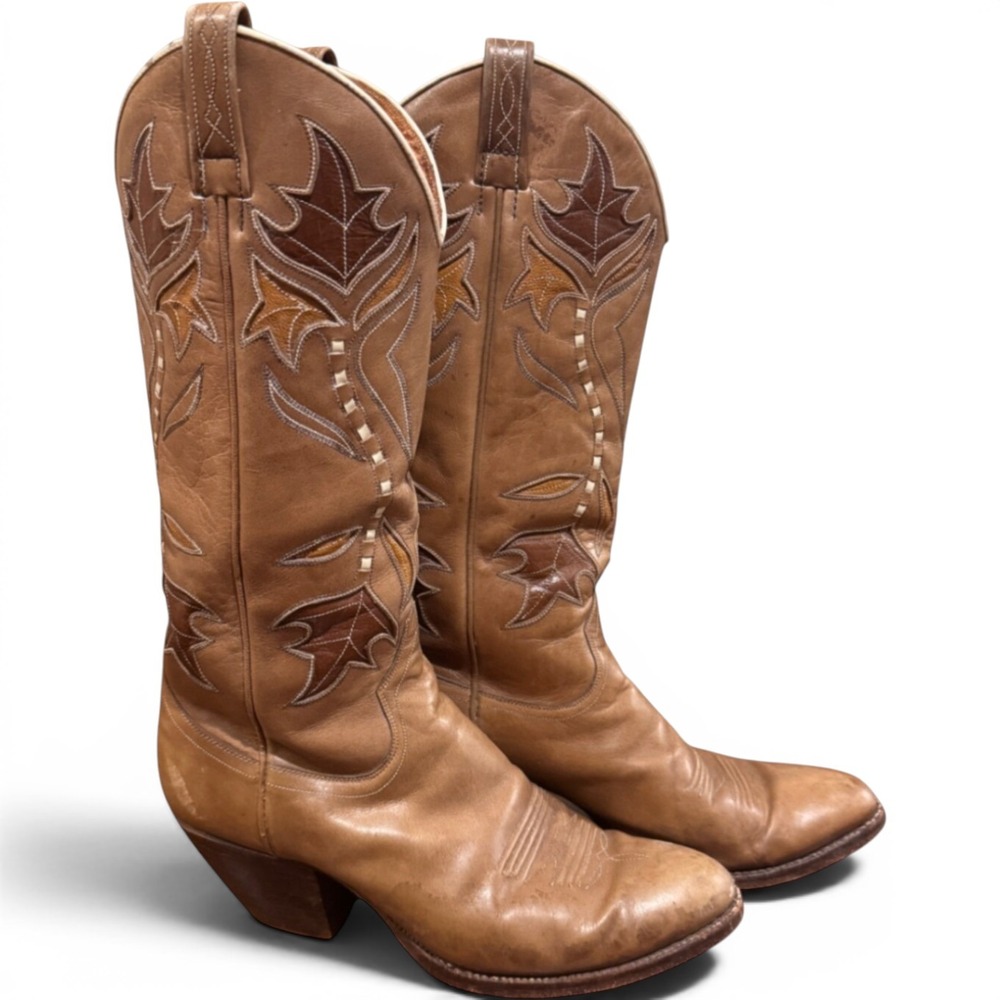 Vintage Dan Post Tan Leather Western Cow Boots Fall Leaf Inlay 1970s 7.5 Boho